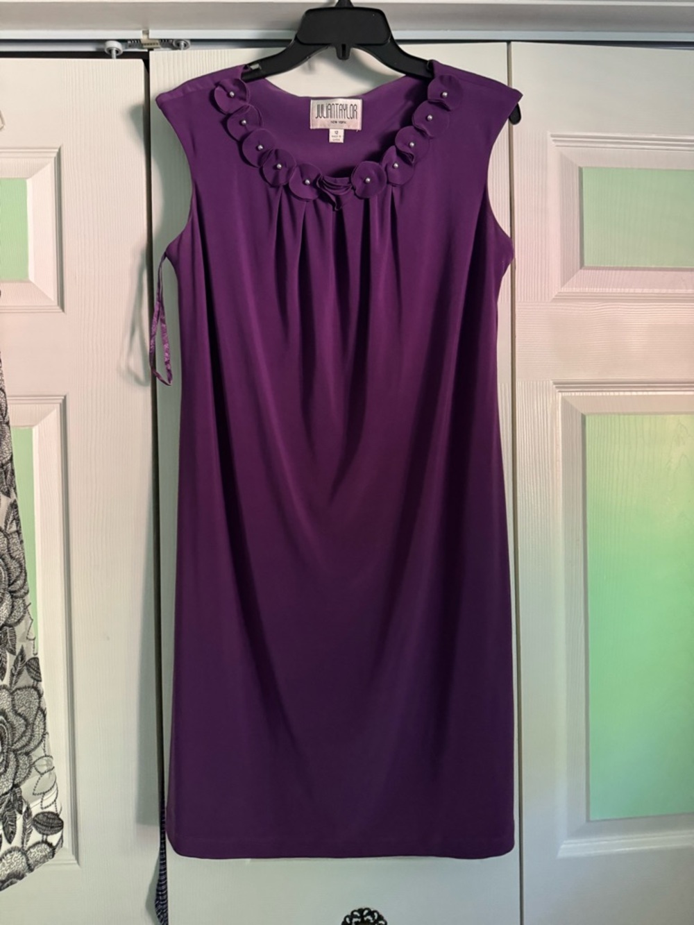 Julian Taylor Purple Sleeveless Midi Dress with Floral Neckline